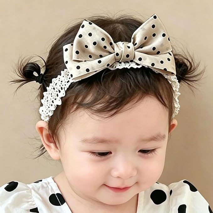 Baby Girls Hairbands Bow Lace Headband Handmade Soft Stretchy Pink Bowknot Hairbands Newborn Hairband with Bows Elastic Hair Bands for Kids Infant(Black and Ehite Polka Dot Bow