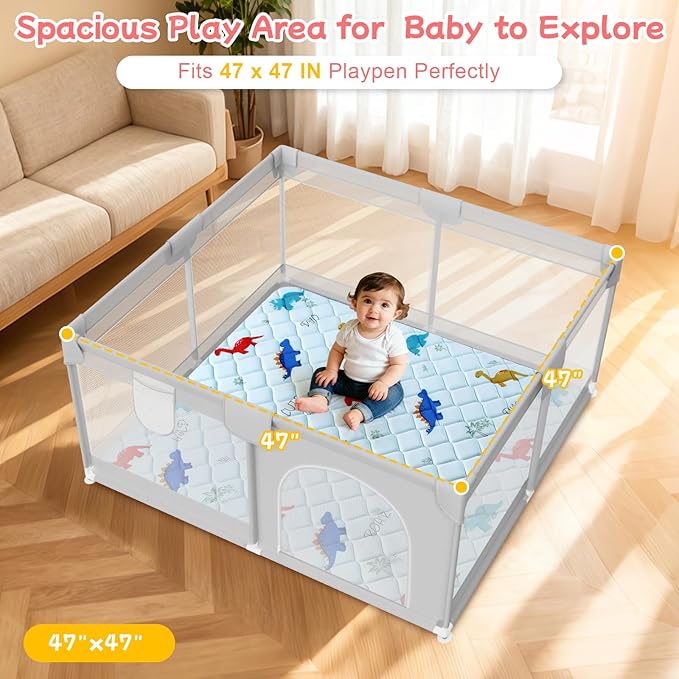 omzer Baby Play Mat: 47" x 47" Baby Mat for Floor - Thicker & Soft Cushioning Padding Foam Play Mat for Babies 0-6 Months - Machine Washable Non-Slip, Infant Playmat & Playpen Mat, Dinosaur Designs