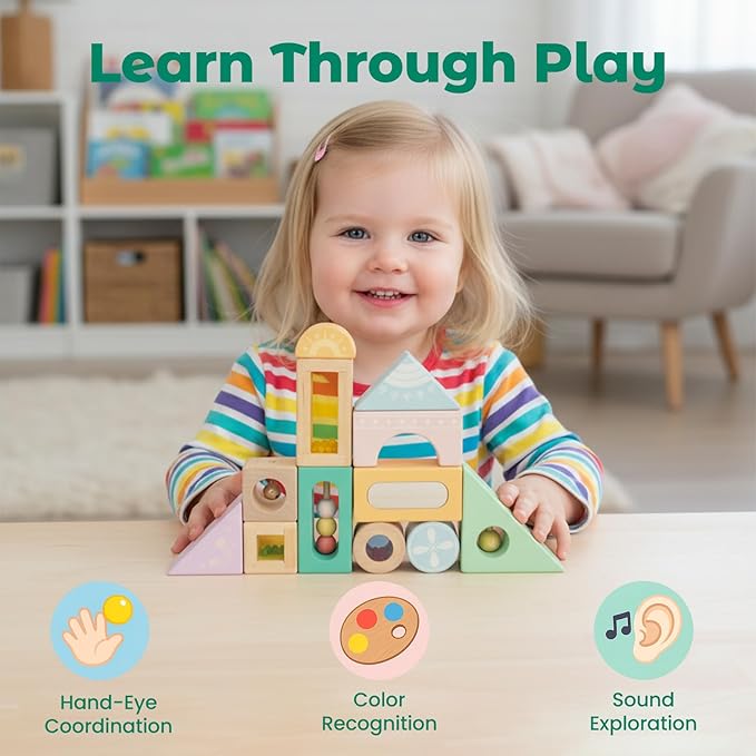 Fun with Sounds Wooden Discovery Blocks for Toddlers with Acoustic Sounds, Toddler Toys for Preschool Learning Activities (Green)