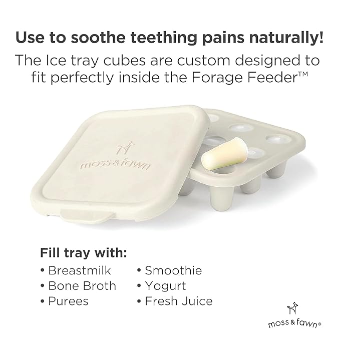 Moss and Fawn Baby's First Bites Bundle - Silicone Frozen Breast Milk Popsicle Kit with Forage Feeder & Teething Popsicle Ice Cube Tray - BPA, PVC, & Lead-Free - Ecru