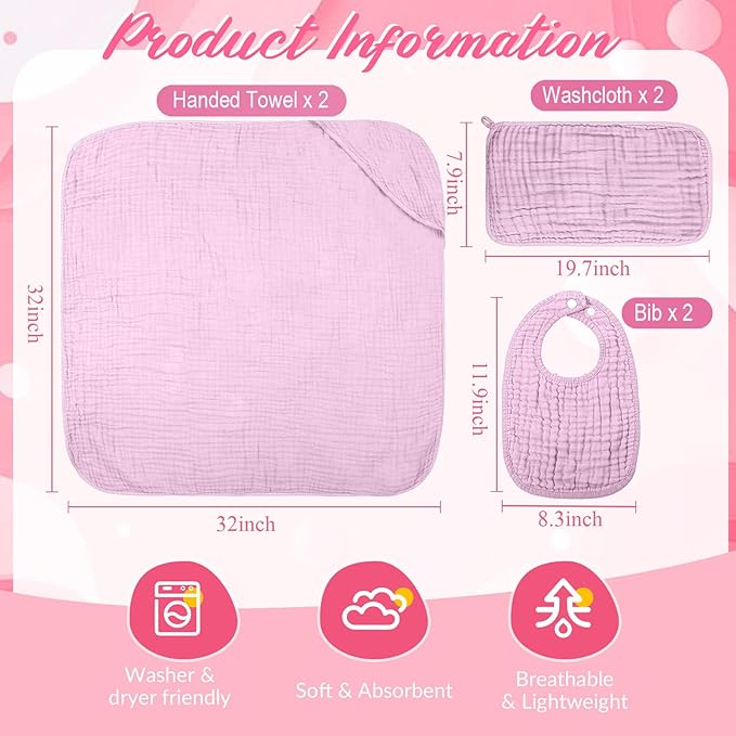 Hahafelt 6 Pcs Muslin Hooded Bath Towels Washcloths and Bibs Set, Muslin Cotton Baby Towels Absorbent Hooded Blanket Towel Infant Bibs for Boys Girls Newborn Infant Essential(White, Pink)