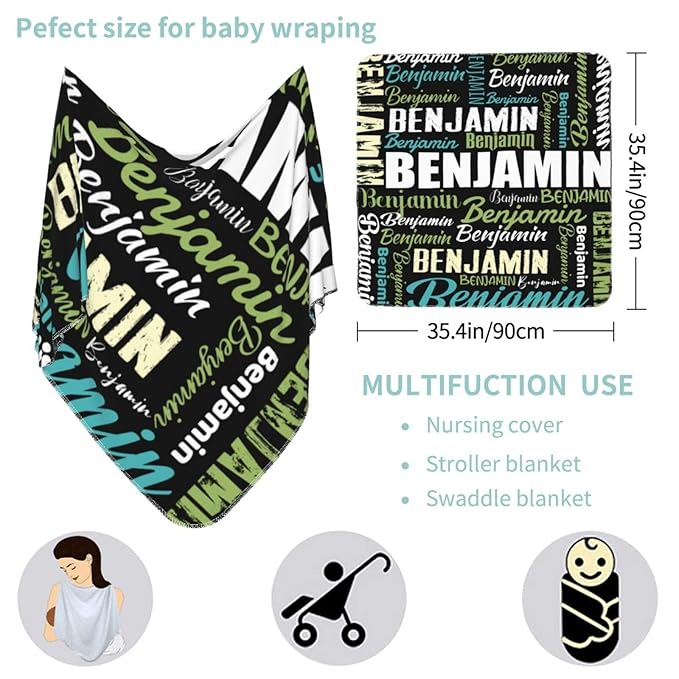 Personalized Baby Car Seat Cover for Boys Girls, Custom Monogram Nursing Covers for Breastfeeding with Name, Infant Stroller Cover, Optional Baby Bib, Baby Swaddle Set for Newborn Infant