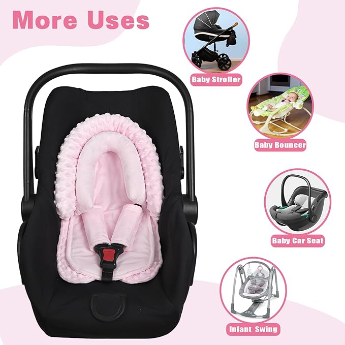 Infant Car Seat Insert, Baby Car Seat Head & Body Support with 2 Straps Pads, Ultra Soft Newborn Preemie Carseat Insert Cushion for Girls Boys, Fits Car Seat, Stroller, Swing, Bouncer, Pink