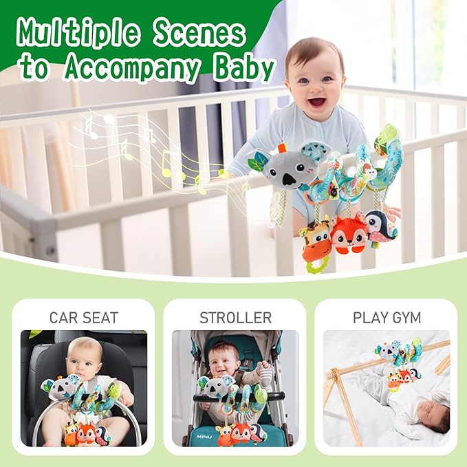Jollybaby Crib Stroller Car Seat Toys for Baby 0-3-6-9-12 Months, Tummy Time Hanging Sensory Toys for Newborn with Music Box and Teether, Spiral Carseat Toy for Infant Boys Girls Gifts (Grey)