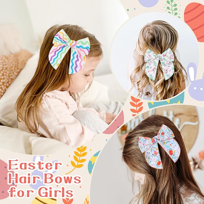7 PCS Easter Hair Bows for Girls, 4.5 Inch Colorful Toddler Bows Clips With Bunny Rabbit Chick Easter Egg Pattern Hair Accessories for Kids Party Decorations