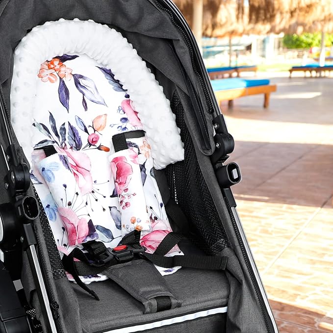 Pea Pod Baby Car Seat Head Support and Body Support with 2 Strap Covers, Ultra Soft Warm Minky Dot Fabric Backing, Baby Essential for Newborn, Stylish Floral Printed