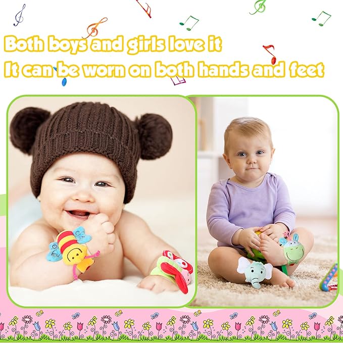 Jerify 4 Pcs Baby Wrist Rattles Animal Pattern Newborn Rattle Wrist Foot Toy for Babies Boy Girl Infant Birthday Gifts Educational Toys, 4 Designs
