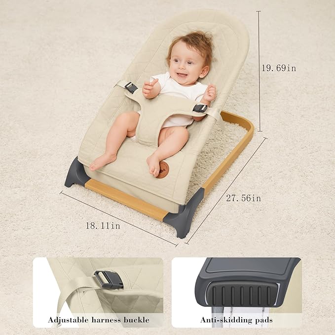 ANGELBLISS Baby Bouncer, Portable Bouncer Seat for Babies, Infants Bouncy Seat with Fabric, Natural Vibrations (Apricot)
