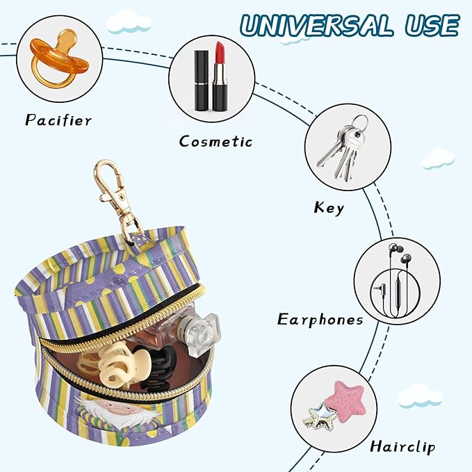 Pacifier Holder with Clip Pacifier Case for Diaper Bag Round Baby Pacifier Pouch Box Bag Portable Stripe Mardi Gras Gnome