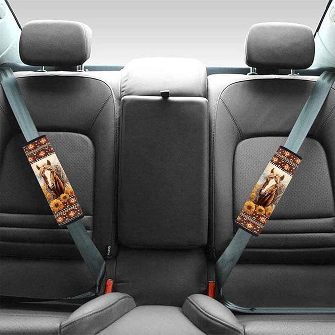 UNICEU Sunflower Horse Seatbelt Pads Protector Car Accessories, 2 Packs, Navajo Aztec Geometric Neoprene Comfortable Car Seatbelt Cover, Universal