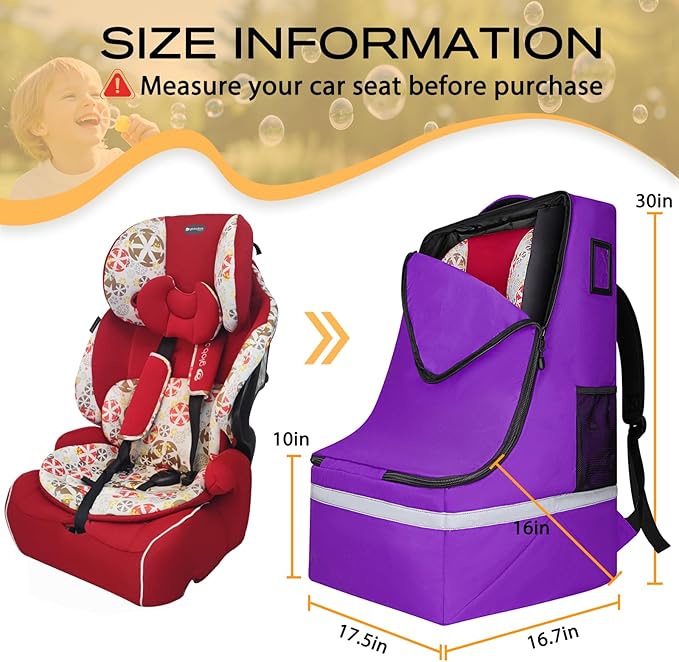 LARIPOP Car Seat Travel Bag for Airplane, Universal Gate Check Car Seat Bag, Padded Backpack with Waist Belt, Reflective Strips & Protective Feet, Fits Infant Convertible Booster Seats, Purple