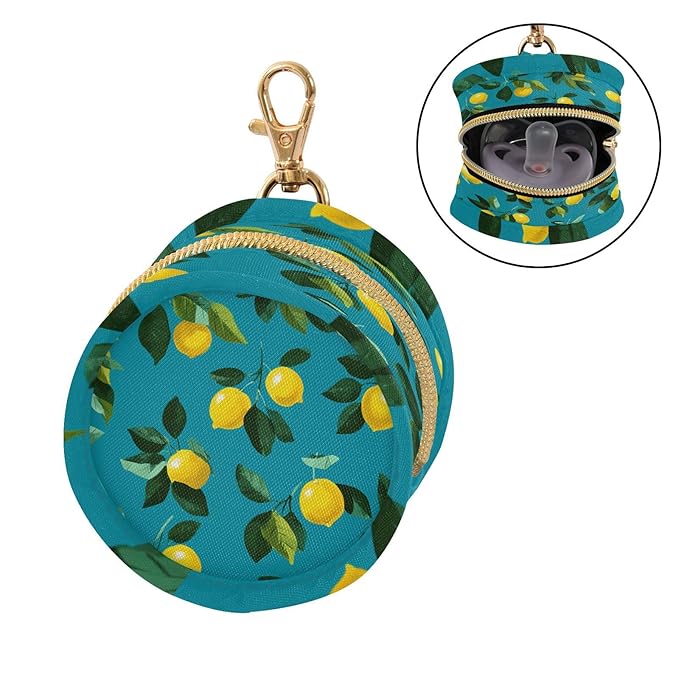 Pacifier Holder with Clip Pacifier Case for Diaper Bag Round Baby Pacifier Pouch Box Bag Portable Teal Lemons
