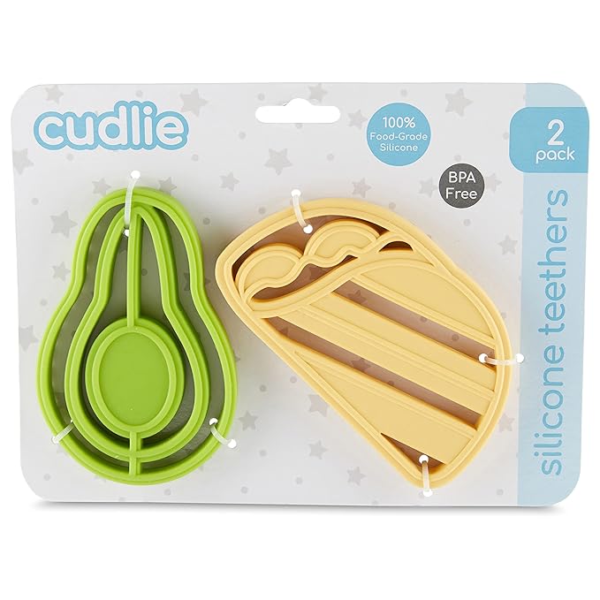 Cudlie 2-Pack Food Grade Silicone Teether - BPA Free, Fun Food Shapes for Soothing Baby's Sore Gums