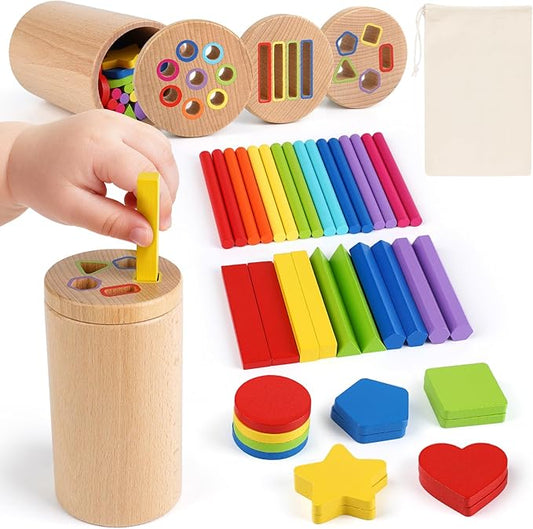 DINORUN Wooden Montessori Toddler Toys - 3 in 1 Sensory Toys for Color Shape Matching, Learning Fine Motor Skills, Educational Toys for Toddlers 1-3, Travel Toys for Boys Girls Gifts