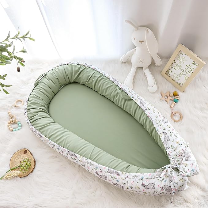 Baby Lounger Cover for Boys Girls, Reversible Baby Nest Cover, Adjustable Baby Lounger Replaceable Cover for Infant Newborn, Portable and Machine Washable, Cotton Green Rabbit Cover