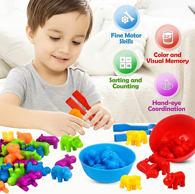 GKDOMS Counting Animals Toys Matching Game with Sorting Bowls Preschool Learning Activities Montessori Sensory Toy for Math Color Sorting, Party Favors Birthday Exchange Gifts for Toddlers