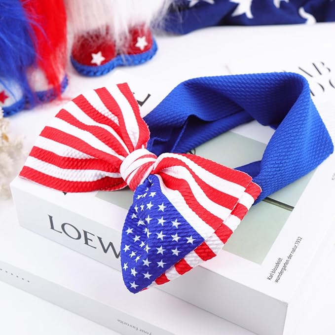 Patriotic Hairband - American Flag Headband with Red, White and Blue Nylon Bows for Baby Girls, Toddlers - Fourth of July Accessories