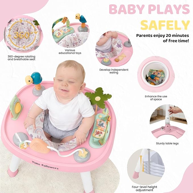 Time Followers® 6-in-1 Baby Activity Center | 4 Stage Montessori-Inspired Toys | Grow Stationary Standing Toddler Table | Jumpers & Bouncers | Must Have for Boy & Girl 6, 12, 24+ Month Old (Pink)