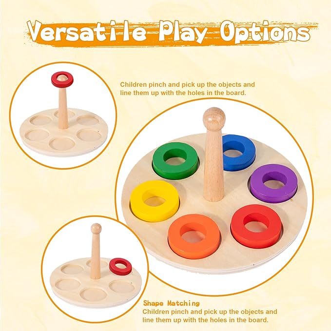 Adena Montessori Wooden 6 Rings on Peg Stacking and Sorting Ring, Wooden Rainbow Stacking Rings Baby Toy, Stacker Toys for Infants and Toddlers, Wood Educational Developmental Toy Multicolor
