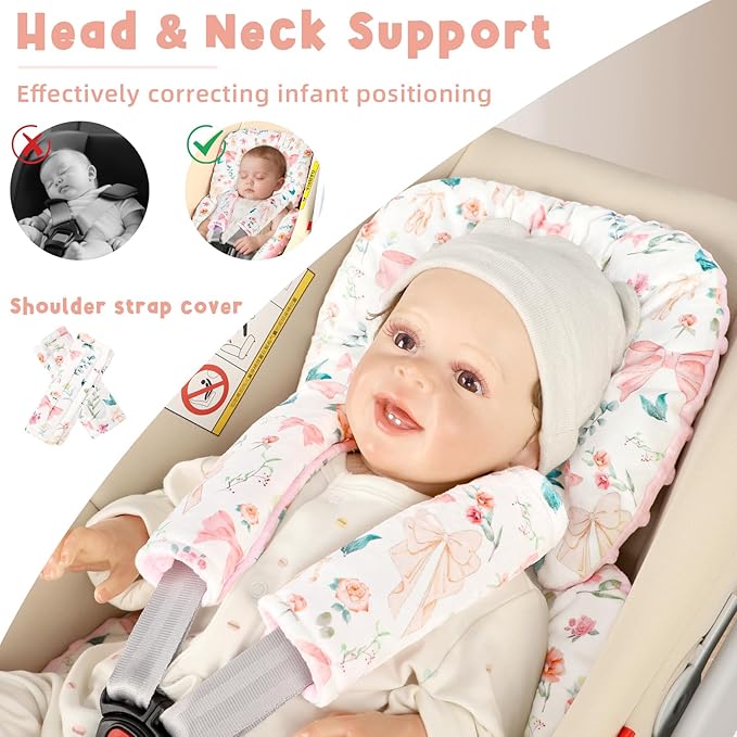 GFU Infant Car Seat Insert Head and Body Support, Reversible Newborn Insert for Carseat with Strap Pads, Soft Stroller Cushion Pillow Insert for Boys and Girls, Fits for Stroller, Swing, Pink Bow