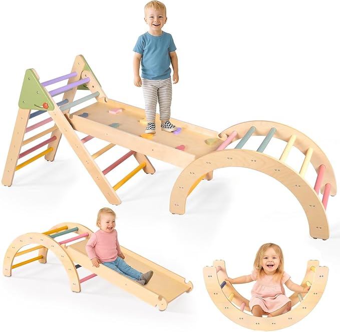 aiwo 7-in-1 Pikler Triangle Set Toddler Climbing Toys Indoor, Montessori Baby Climbing Gym, Climbing Set for Toddlers 1-3 Jungle Gym