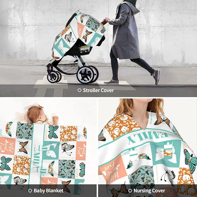 Personalized Minky Car Seat Canopy for Girl Boy, Custom Name Stroller Car Seat Covers Cover for Infant Newborn Shower Gift, Nursing Opening Carseat Cover for Breastfeeding, Beautiful Butterfly