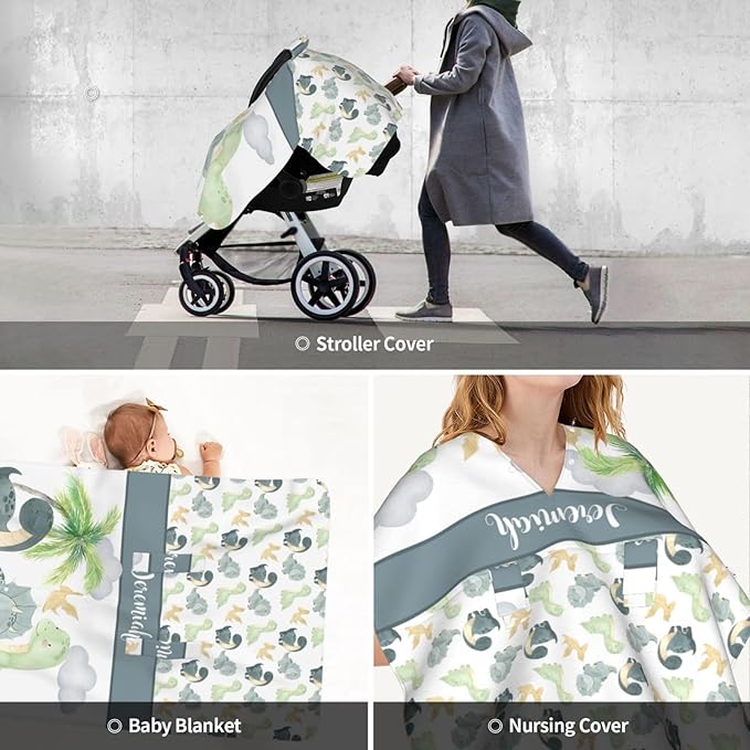 Custom Name Nursing Cover – Dinosaur Baby Car Seat Canopy, Stroller Cover, Baby Minky Blanket – Personalized Newborn Shower Gift for Infant Boys & New Moms