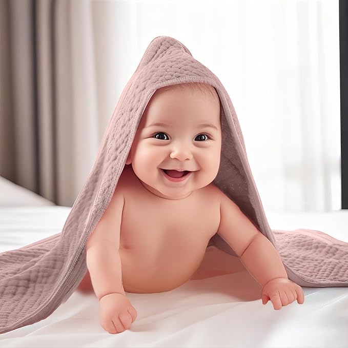 VitalCozy 12 Pcs Baby Muslin Hooded Bath Towels and Washcloths, Muslin Hooded Baby Towels Absorbent Blankets for Gift Newborn Infant Shower (Pastel)