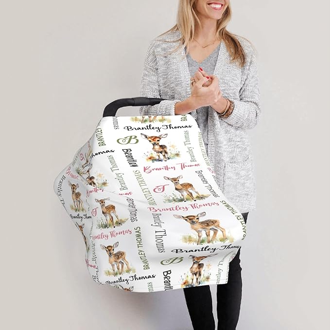 Personalized Baby Car Seat Covers for Babies, Custom Deer Nursing Breastfeeding Carseat Canopy with Name, Infant Stroller Covers for Newborn Girls Boys, Breathable Carseat Cover