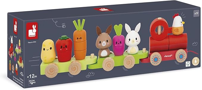 Janod - Wooden Pull-Along Train - Farm Theme - 3 Wagons and 19 Pieces - Early Learning Pull-Along Toy - Wood and Water-Based Paint - Develop Fine Motor Skills - from 12 Months, J03314