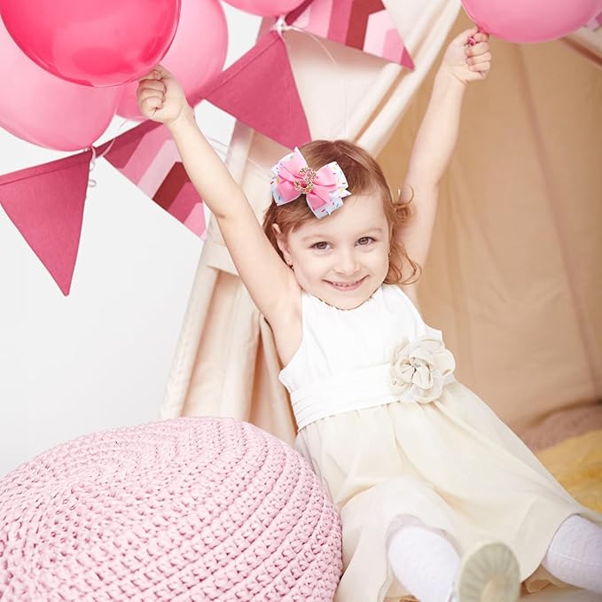 2Pcs Birthday Hair Bow for Baby Girls 2 3 4 5 6 7 Years Sprinkle Decorations Confetti Ice Cream Party Pink Pigtail Hair Accessories for Three 3rd Third Birthday