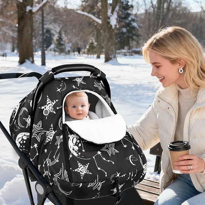 Winter Car Seat Cover Baby, GFU Warm Carseat Cover for Babies, Universal Infant Car Seat Canopy Waterproof, Cold Weather Shield Coats Black Star