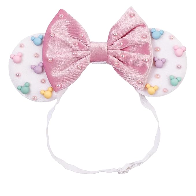 zhezesmila Adjustable Mouse Ears Headband Elastic Candy Velvet Ears with Pearls for Baby Girls, Toddlers and Women