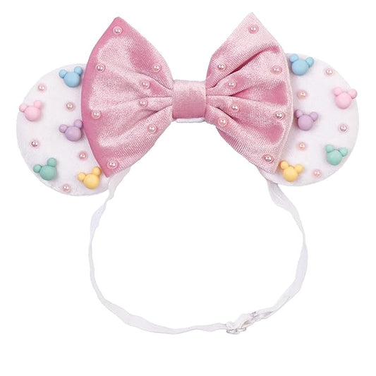 zhezesmila Adjustable Mouse Ears Headband Elastic Candy Velvet Ears with Pearls for Baby Girls, Toddlers and Women