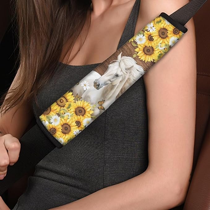 AFPANQZ Two Pack Car Seat Belt Pads Covers Harness Horse Sunflower Print 1 Pair/Set Safety Seatbelt Cushion Pads Kit Shoulder Straps Pads for Bags