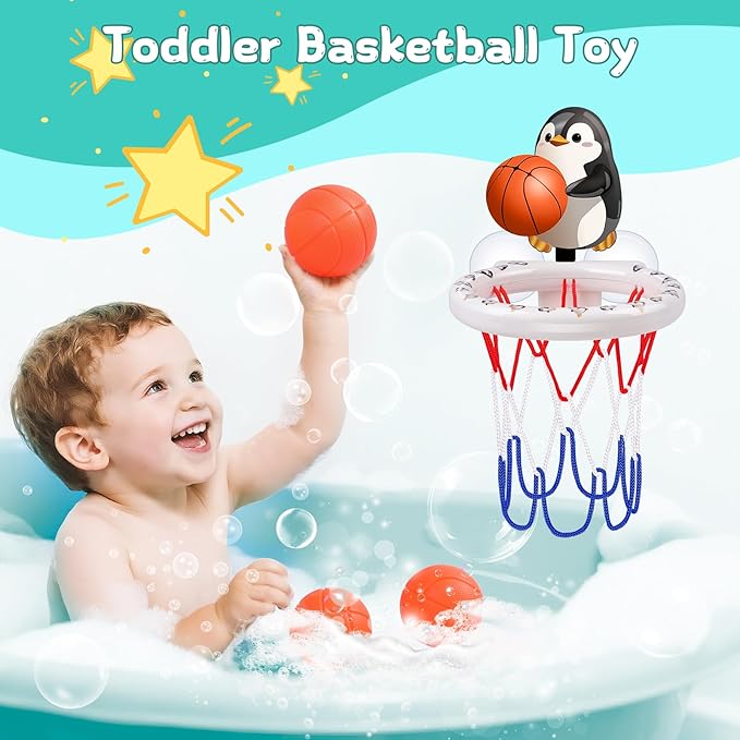 Bath Toys, Bathtub Basketball Hoop for Toddler Kids, 3 Soft No Hole Balls & Bath Basketball Hoop with Strong Suction Cup, Black & White Penguin Baby Shower Bath Toys Set for Boys and Girls