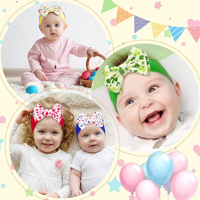 JATEBI 4 Pcs 6" Holiday Baby Bows Headbands for Newborn Infant Toddler, Soft Stretchy Nylon Hair Bands, Holiday Hair Accessories for Valentine’s Day, St. Patrick’s Day, Easter, 4th of July
