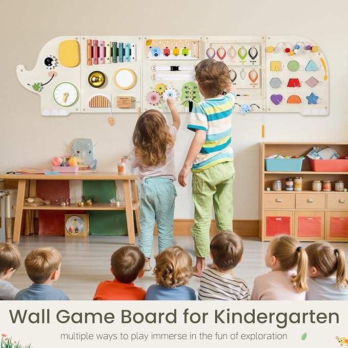 Elephant Activity Wall Busy Board Panels,Wooden Montessori Learning Activity Center Sensory Toys Wooden Sensory Wall Panel for Kids Ideal Furniture for Playroom Daycare Dentist Waiting Room Nursery