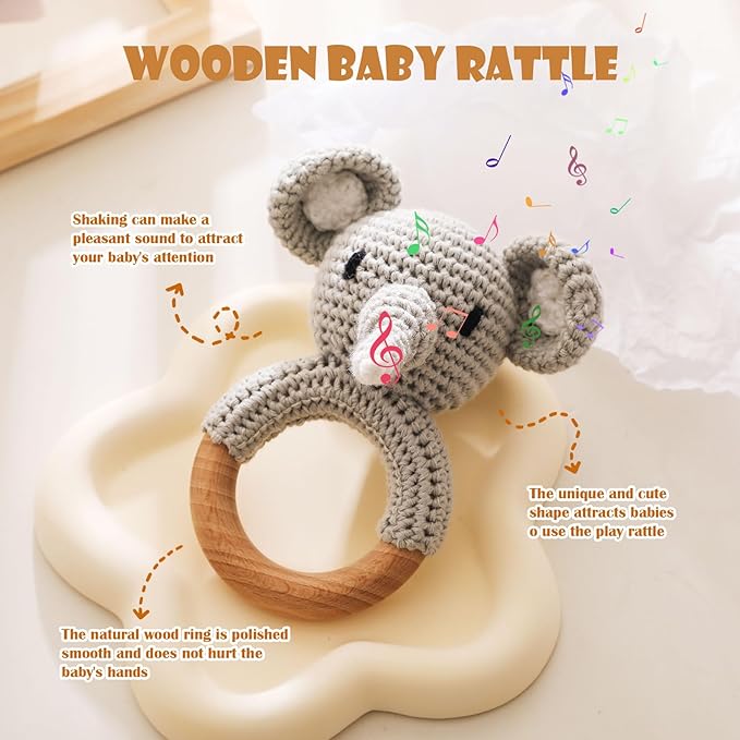 Wooden Baby Rattle，Crochet Elephant Rattle with Wood Ring, Newborn Wooden Animal Rattle Toy，Infant Elephant Wood Rattle Toys
