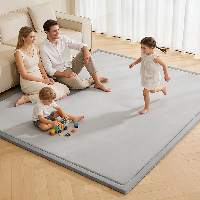 Baby Play Mat for Floor, 1.3 Inch Thick Memory Foam Tummy Time Mat with Non Slip Backing, Soft Coral Velvet 59X79 Inch Playpen Mat Crawling Tatami for Infants Toddlers Kids, Light Grey