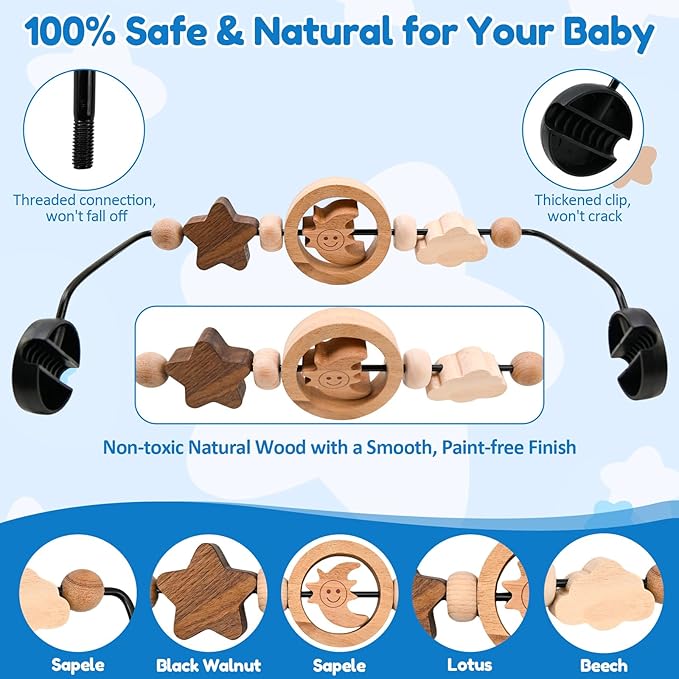 Natural Wooden Activity Toy Bar for Baby Bjorn Bouncer, 360° Rotating Smiling Moon Hanging Toys for Infant Car Seat & Stroller, Sensory Development Toy 0-12 Months