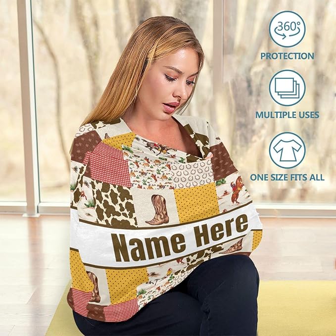 Personalized Cowboy Baby Car Seat Cover for Babies with Name, Custom Western Style Baby Car Seats Canopy for Boys Girls, Nursing Breastfeeding Stroller Covers Infant Car Seat Blanket for Newborn