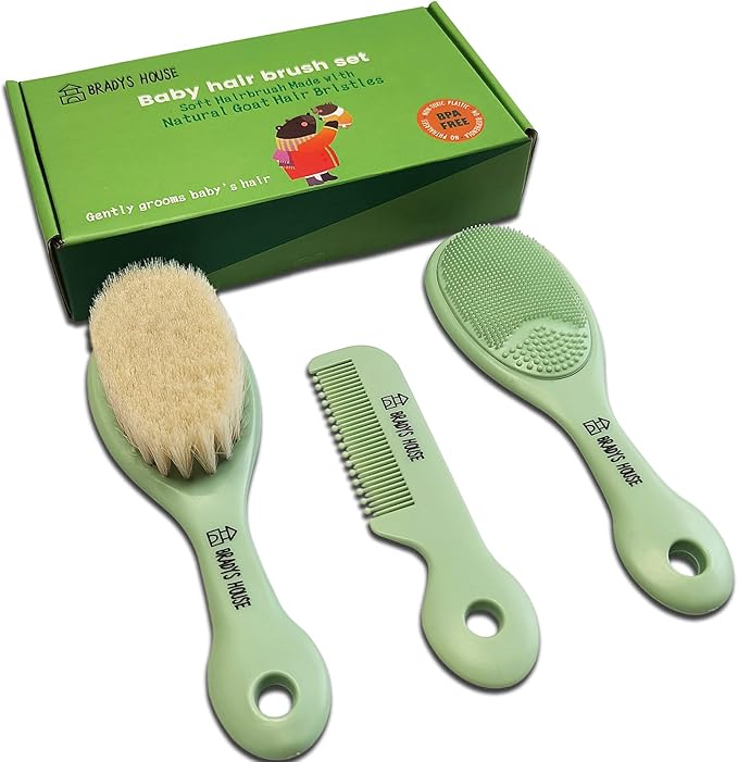 BRADYS HOUSE - 3 Piece Baby Hair Brush & Comb Set for Newborns- Soft Goat Bristle Hair-Brush, Silicone Bath Brush and Plastic Comb for Infant, Toddler, Kids - Baby