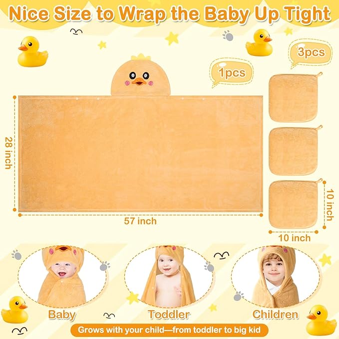 Flasoo 4 Pcs Toddler Bath Towel Set, 1 Pc Toddler Hooded Towel & 3 Pcs Baby Washcloths, Large 27.5"X55" Hooded Towels Kids, Absorbent Soft Thick Toddler Towels for Boy Girl 0-5 Year (Yellow Duck)