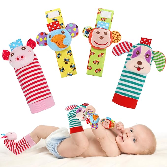 Infant Rattle Toys 0 to 3 Years, Baby Wrist Rattle Foot Finder Socks Set, Birthday Holiday Present for Newborn Boy Girl 0/3/4/6/7/8/9/12/18/24/36 Months Kids Toddler, Gift Box Package (4A-Pink)