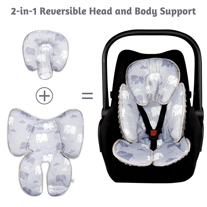 TANOFAR Infant Car Seat Head Support, Soft Baby Carseat Head & Body Support, Grey Elephant Baby Car Seat Insert Cushion for Newborn Boys