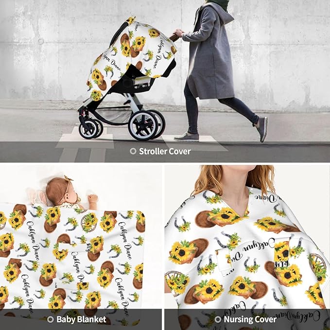 Personalized Baby Car Seat Canopy for Baby Girls, Custom Name Sunflower Cowgirl Baby Car Seat Covers for Babies, Opening Minky Nursing Breastfeeding Cover for Infant, Carseat Canopies for Newborn