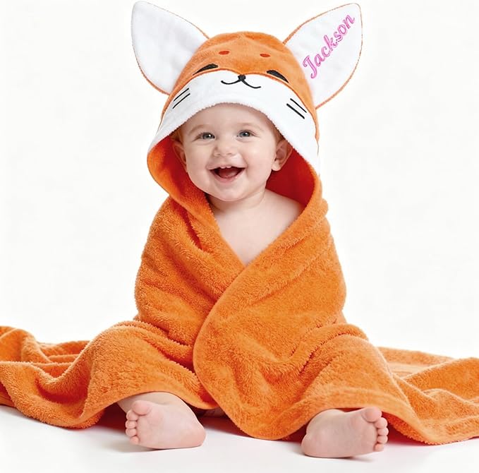 Custom Hooded Baby Towels with Name, Personalized Bunny Easter Gifts for Toddlers, Custom Baby Bath Towels for Newborn, Ultra Soft and Absorbent, Ideal for Girl Boy (Fox)