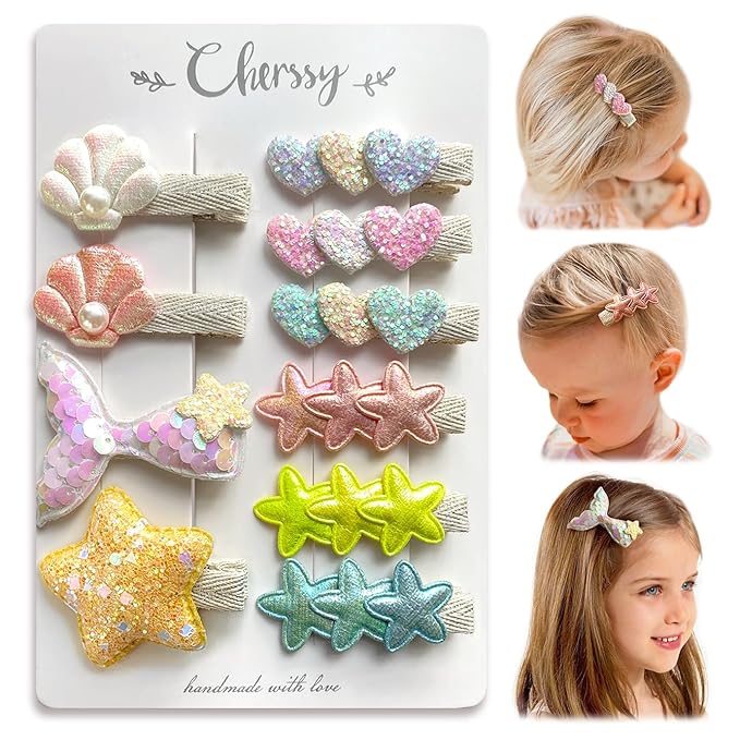 Glitter Mermaid Hair Clips for Girls, 10pcs Non Slip Fully Lined Alligator Clips Hair Accessories for Baby Toddlers Kids Teens by Cherssy