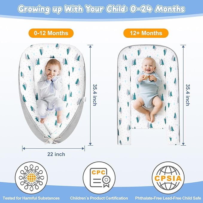 Baby Lounger for Newborn,0-12 Months,Soft Infant Lounger Pillow for Home and Travel, Baby Protable Nest Lounger with Cover,Multi-Use Baby Lounger for Supervised Play&Tummy Time(Tree)